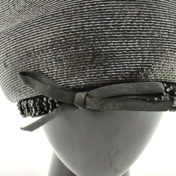 Vintage Black Straw Cloche Hat with Beaded Trim & Bow Accen - Picture 7 of 12